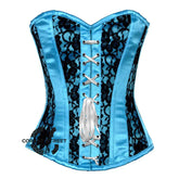 Baby Blue Satin With Black Net Front Ribbon Gothic Overbust Burlesque Corset